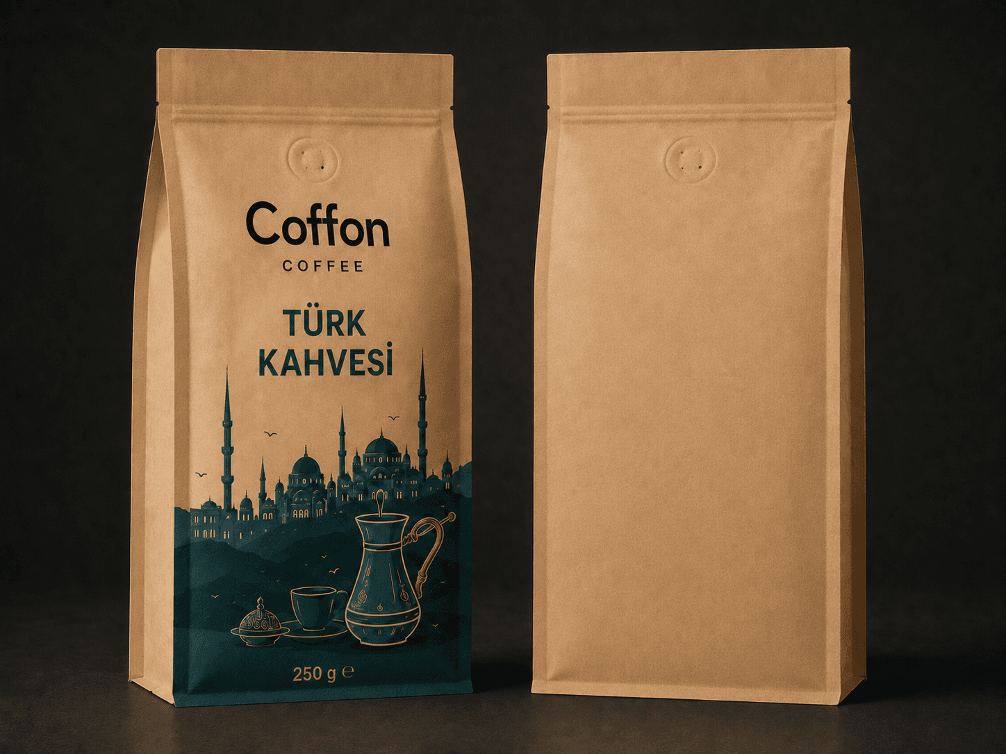 COFFON COFFEE Türk Kahvesi 250 g kraft ambalaj — ön ve arka yüz